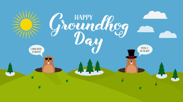 groundhog day banner with calligraphy hand lettering and cute cartoon marmots crawling out of hole.  two versions: sunny or cloudy day. vector template for greeting card, poster, flyer, etc - groundhog day stock illustrations