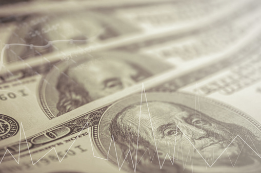 american money surrounding, stock exchange image with money texture and lines indicating rise and fall, investment or loss