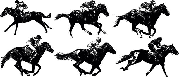 ilustrações, clipart, desenhos animados e ícones de cavalo de corrida com jóquei em corridas. isolado em um fundo branco - jóquei