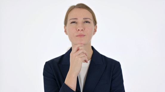 Portrait of Pensive Businesswoman Thinking and getting Idea, White Background