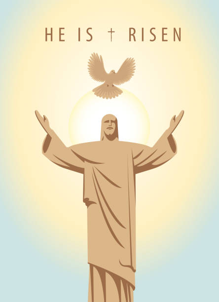 ilustraciones, imágenes clip art, dibujos animados e iconos de stock de estandarte de pascua con jesucristo y paloma voladora - harbinger