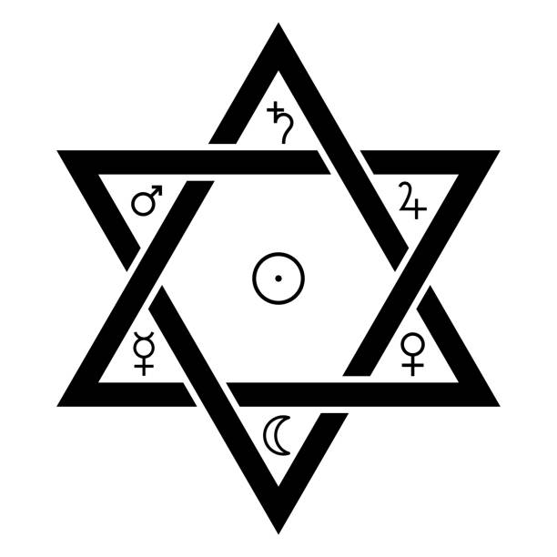 The classical astrological planet symbols in the Seal of Solomon The classical astrological planet symbols in the Seal of Solomon. Hexagram shaped symbol, Attributed to King Solomon, from which it developed in Islamic and Jewish mysticism, and in Western occultism. solomon stock illustrations