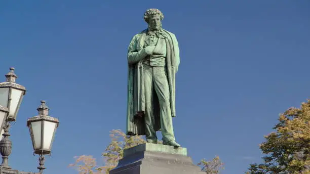 Monument to russian poet Alexander Pushkin on Pushkin Square timelapse , Moscow, Russia