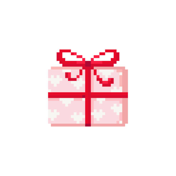 иллюстрация подарочной коробки pixel art. векторный пиксельный любовный подарок с лентой и сердечками в пиксельной мозаике в стиле ретро игры.  - valentines day gift white background gift box stock illustrations