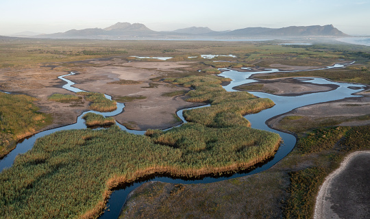 River flowing through a natural wetland near Cape Town, South Africa. The Kleinmond Estuary lies next to the ocean near Cape Town.