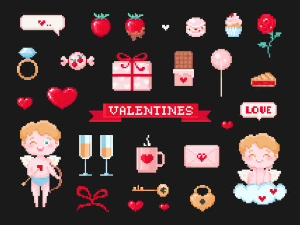 пиксельная графика элементы дня святого валентина клип-арт пакет. 8-бит винтажные украшения в игровом стиле, такие как ангел любовник, вален - valentines day love nerd couple stock illustrations