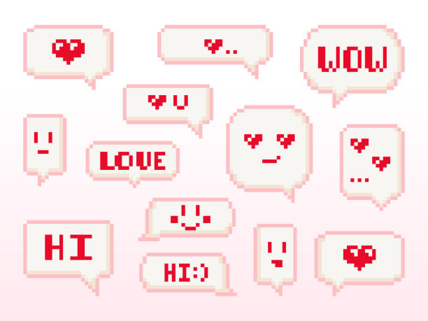 illustrations, cliparts, dessins animés et icônes de ensemble d’illustration de messages texte de la saint-valentin. eléments isolés par vecteurs. 14 février icônes bulles de discours, chats, cadres de conversation. pixel art 8 bits design. wow, je t’aime, cœur. - i love you petite phrase