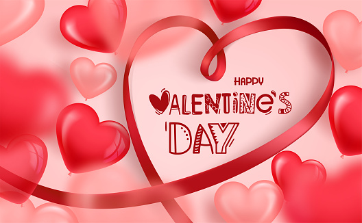 Happy Valentines Day banner with red ribbon frame and lettering inscription. 3d vector illustration