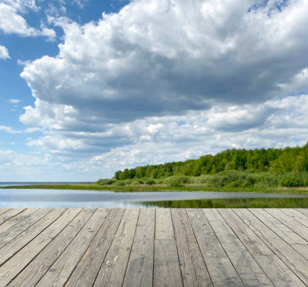 istock empty boardwalk on the background of a lake 1364765412