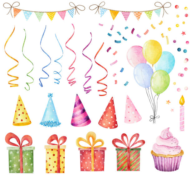 illustrations, cliparts, dessins animés et icônes de ensemble d’éléments festifs à l’aquarelle pour célébrer l’anniversaire, noël et d’autres fêtes - party hat party birthday confetti