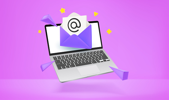 Sending and receiving emails via modern laptop. 3d vector illustration
