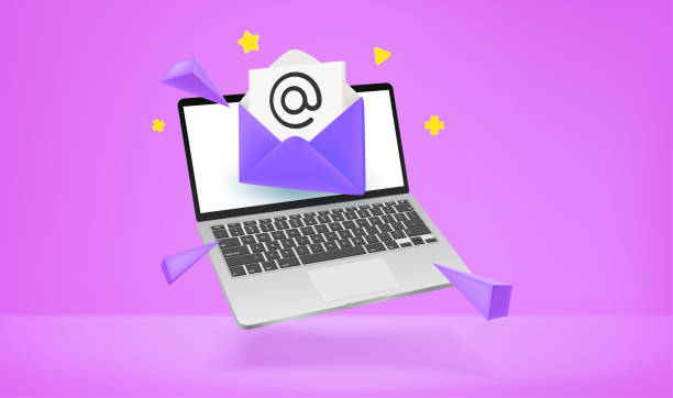 Sending and receiving emails via modern laptop. 3d vector illustration Sending and receiving emails via modern laptop. 3d vector illustration email subscription stock illustrations