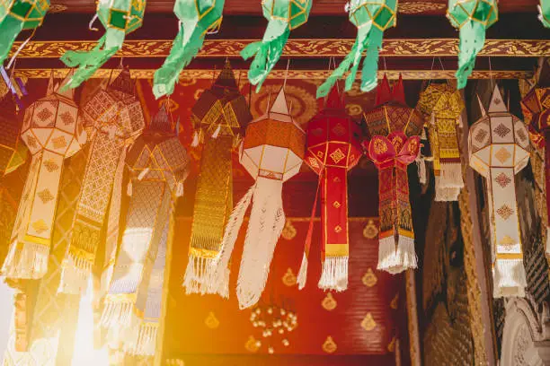 beautiful hanging yipeng paper lamp northern Thai Lanna traditional art style in temple