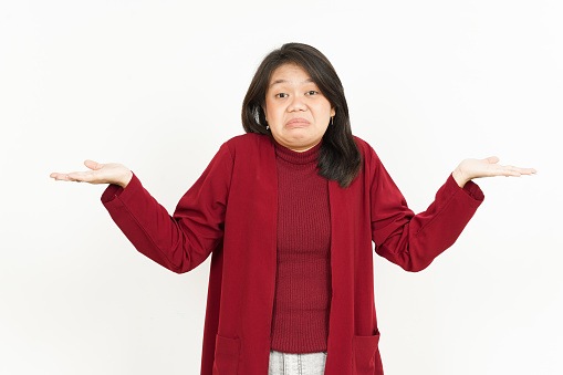 Doubt Confused Gesture Of Beautiful Asian Woman Wearing Red Shirt Isolated On White Background