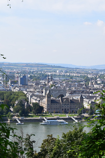Koblenz, Germany - 09/06/2021: View to the Prussian government building at the Rhine