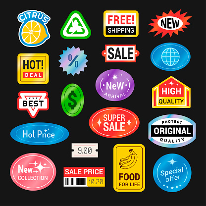 Shopping retro stickers decorative design set vector flat illustration. Sale discount trendy multicolored label badges. Recycling, free shipping, new, hot deal, best, high quality, special offer