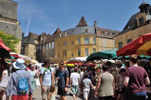 Sarlat-la-Caneda, France, 28 July, 2016: Sarlat-la-Caneda market in Dordogne at summer
