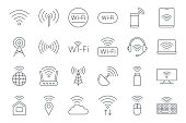 Vector infinity icons. Editable stroke. Wi-Fi internet connection symbol. PC tablet satellite router cloud storage. Mouse keyboard flash drive geo monitor data exchange. Stock thin illustration