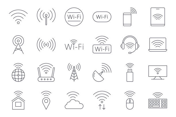 Vector infinity icons. Editable stroke. Wi-Fi internet connection symbol. PC tablet satellite router cloud storage. Mouse keyboard flash drive geo monitor data exchange. Stock thin illustration Vector infinity icons. Editable stroke. Wi-Fi internet connection symbol. PC tablet satellite router cloud storage. Mouse keyboard flash drive geo monitor data exchange. Stock thin illustration. radio wave stock illustrations