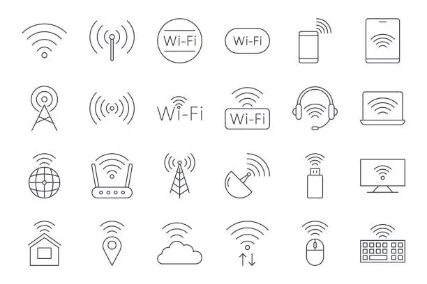 Vector illustration of Vector infinity icons. Editable stroke. Wi-Fi internet connection symbol. PC tablet satellite router cloud storage. Mouse keyboard flash drive geo monitor data exchange. Stock thin illustration