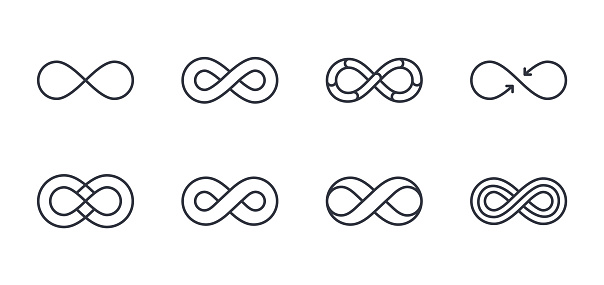 Vector infinity icons. Editable stroke. The symbol of the unlimited in mathematics, space. Set of different lines of shapes. Black geometric elements on a white background. Stock thin illustration.