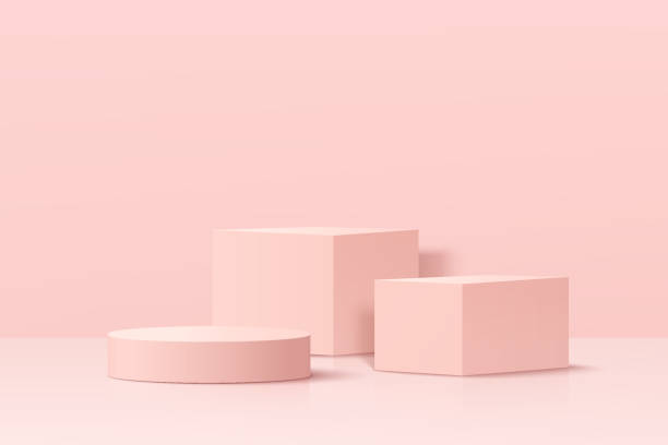 istock Realistic pastel pink 3D geometric pedestal podium set in abstract room. Minimal scene for products showcase, Happy valentine day promotion display. Vector platform design. Vector illustration 1364780135