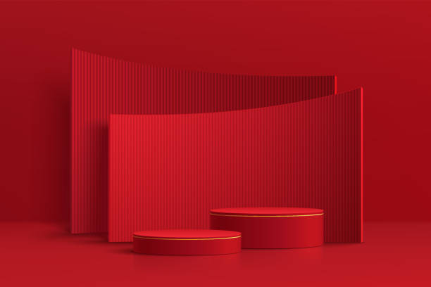 istock Realistic dark red and gold 3D cylinder pedestal podium with red arch shape backdrop. Minimal scene for products showcase, Promotion display. Abstract studio room platform. Happy lantern day concept. 1364780727