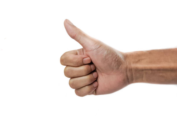right hand raising thumb on white background The right hand of a man from Indonesia with brown skin raises his thumb to the left on a white background latar belakang stock pictures, royalty-free photos & images
