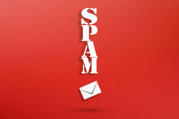 E-mail and spam concept, Exclamation mark made from spam text with envelope icon on red background E-mail and spam concept, Exclamation mark made from spam text with envelope icon on red background phone spam photos stock pictures, royalty-free photos & images