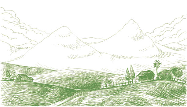 сельски�й - sketch landscape mountain barn stock illustrations