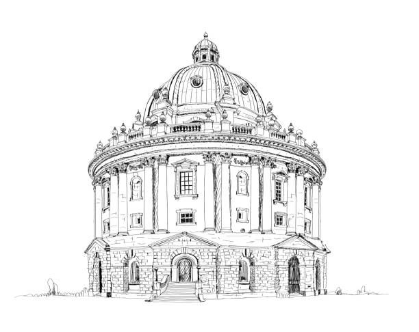sketch, library.  oxford university buildings. university college entrance. uk - oxford oxfordshire stock illustrations