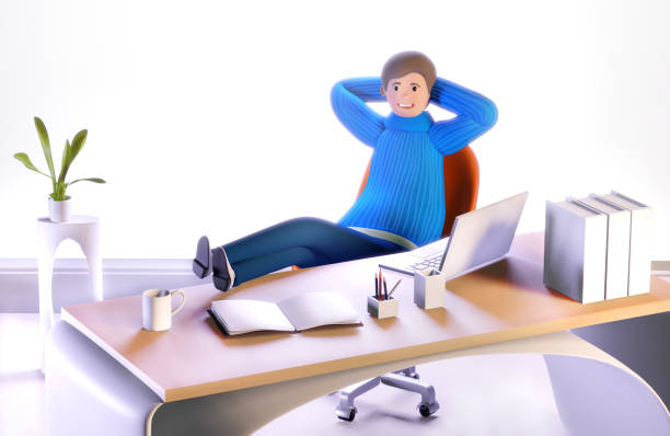 istock 3D rendering illustration. Happy successful businessman working in his office by the desk. Office working environment. Busy businessman working in office 1364787155