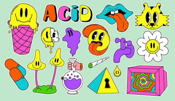 ilustraciones, imágenes clip art, dibujos animados e iconos de stock de caracteres y objetos abstractos ácidos. en un estilo de dibujos animados, un conjunto de psicodélicos brillantes, todos los elementos están aislados. - lsd