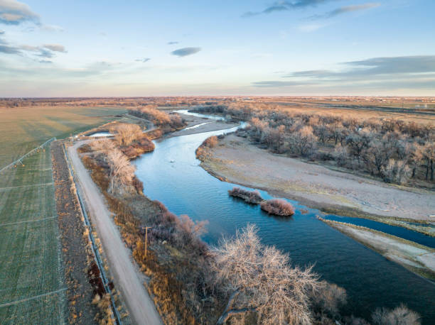 south platte river in colorado vista aerea - riparian forest foto e immagini stock