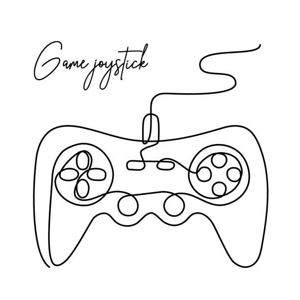 ilustrações, clipart, desenhos animados e ícones de jogos de computador continuam uma linha desenhando ilustração vetorial. consoles de jogos modernos para pc. um controlador joystick de linha única contínuo - a usar um telefone