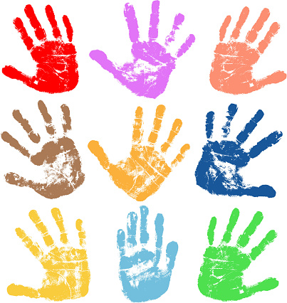 tracing of vector multi colors of handprints with ink.