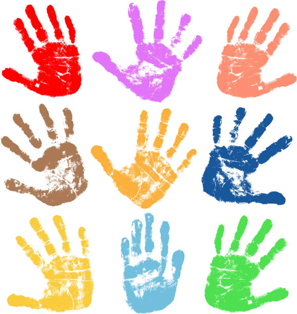 handprints tracing of vector multi colors of handprints with ink. handprint stock illustrations