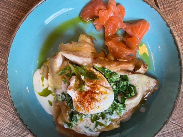 istock pancakes with salmon and poached egg 1364788377