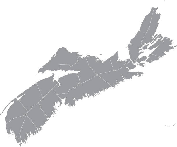 Gray map of counties of NOVA SCOTIA, CANADA Gray flat blank vector administrative map of counties of Canadian province of NOVA SCOTIA, CANADA with white border lines of its counties canadian flag maple leaf computer icon canada stock illustrations