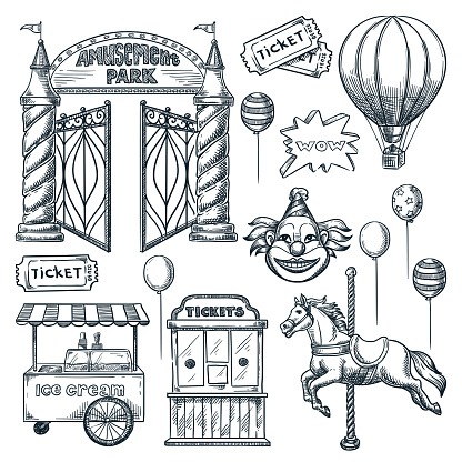 Amusement park design elements collection. Vector hand drawn sketch illustration. Entrance gates, ticket office, horse carousel element, ice cream cart and clown face isolated icons