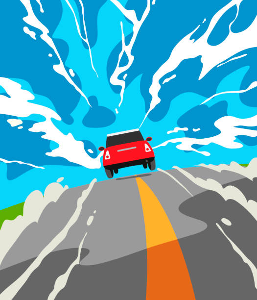 ilustrações, clipart, desenhos animados e ícones de carro vermelho dirige na estrada deixando para a distância contra o pano de fundo das nuvens. - comic book blue speed illustration and painting