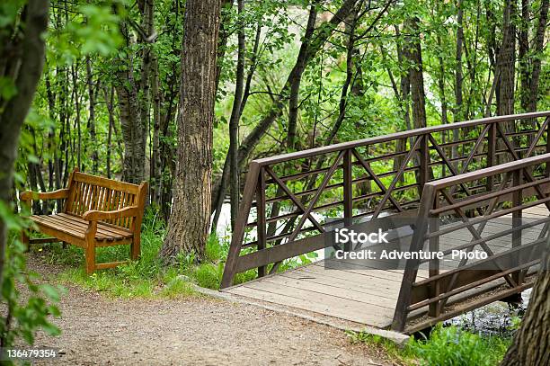 Scenic Bridge And Mountain Stream In Spring Stock Photo - Download Image Now - Beaver Creek - Colorado, Beaver Creek Resort - Colorado, Bench