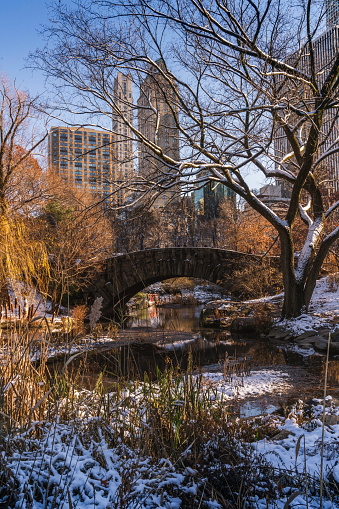 The Pond at Central Park and Gapstow Bridge in winter, New York City Gapstow bridge in Central park by sunset  New York City