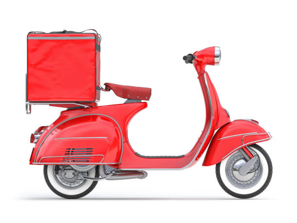 スクーター宅配サービス。白で隔離された配達袋が付いている赤いバイク。 - スクーター ストックフォトと画像