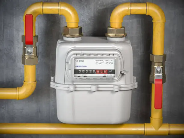 Natural gas meter with tubes on the wall. 3d illustration