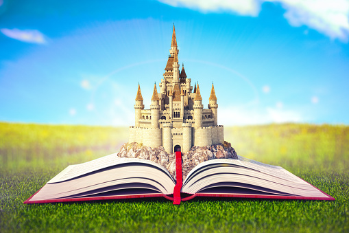 Open story book with fairy tale castle. 3d illustration