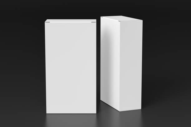 istock Gift box mock up: two tall and wide white boxes on black background.  View above. 1364799003