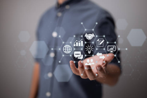 istock Content marketing concept. Businessman with global internet network connection technology, digital marketing, business intelligence. 1364799683