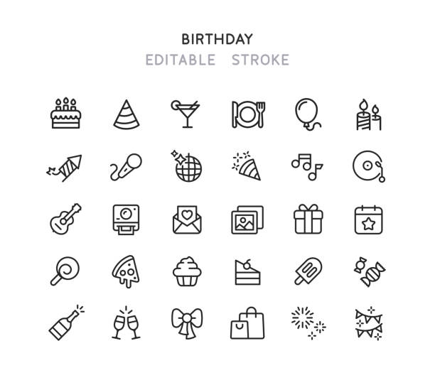 ilustraciones, imágenes clip art, dibujos animados e iconos de stock de iconos de línea de cumpleaños trazo editable - kitchen equipment audio