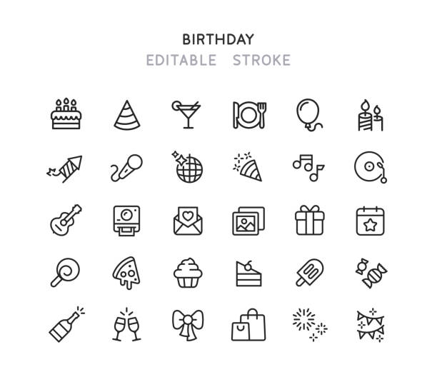 illustrazioni stock, clip art, cartoni animati e icone di tendenza di icone linea compleanno tratto modificabile - birthdays